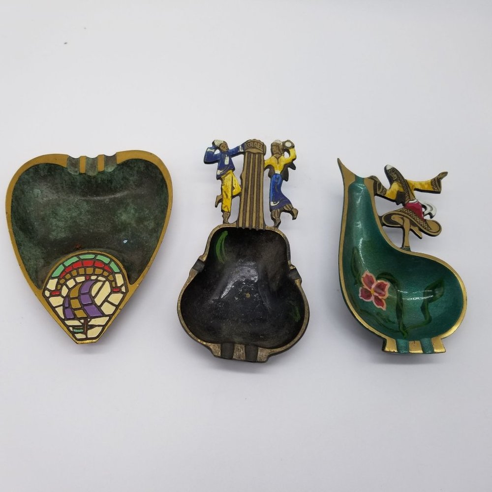 Jewish Brass Enamel Painted Ashtray Trinket Dish Set 3 Israel Souvenir